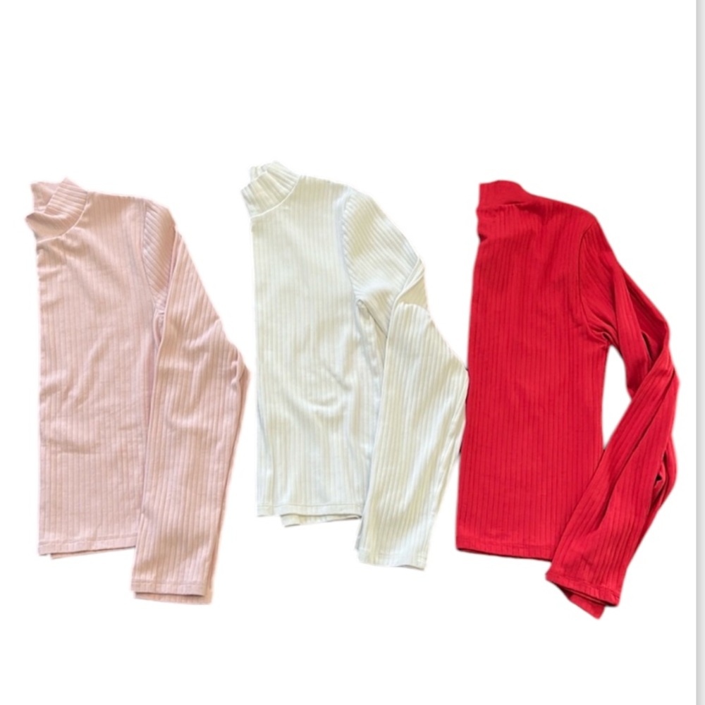 Lot Of 3 Gap Cotton Blend Turtle Neck Long Sleeve Tee Size Large Red White Pink